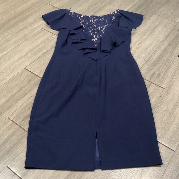 Eliza J Navy Blue Ruffle Neckline Lace Back Dress        size 12 - Picture 11 of 15